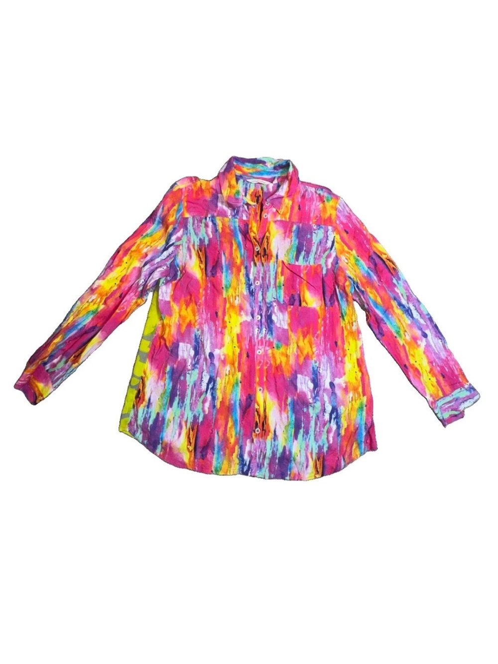 Soft Surroundings Embroidered Beaded Shirt L Boho Festiva Tie Dye Button Top